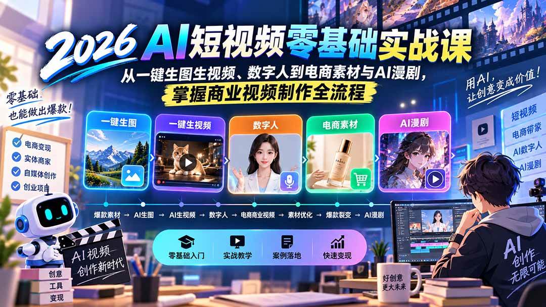 （20263期）2026AI短视频零基础实战课：从一键生图生视频、数字人到电商素材与AI漫剧，掌握商业视频制作全流程-知行阁轻创网-分享网络赚钱项目-全网首发副业项目实操平台-副业创业项目网