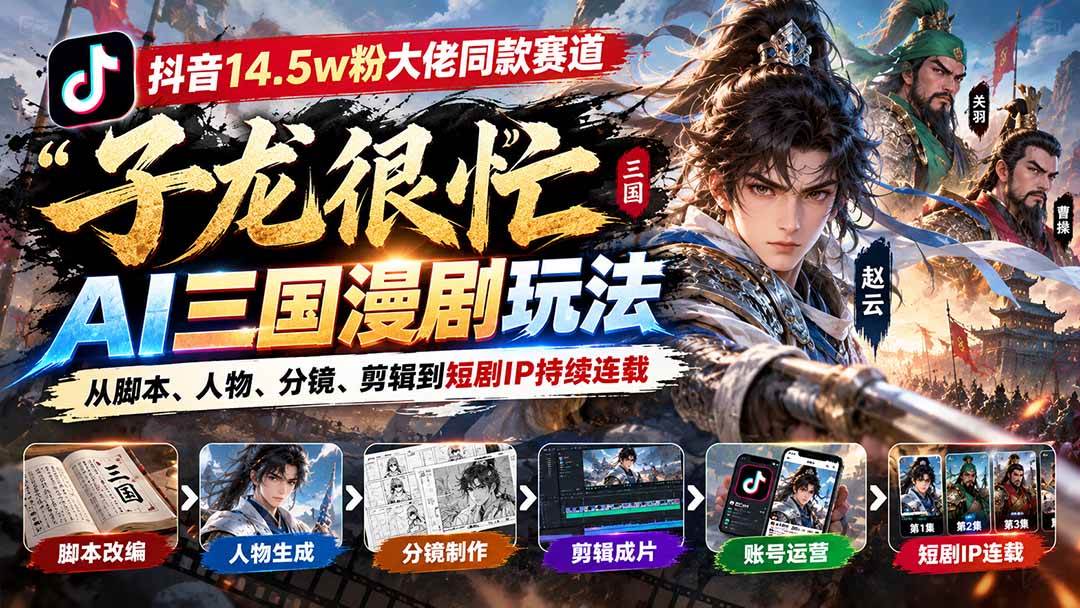 （20818期）抖音14.5w粉大佬同款赛道「子龙很忙」AI三国漫剧玩法：从脚本、人物、分镜、剪辑到短剧IP持续连载-知行阁轻创网-分享网络赚钱项目-全网首发副业项目实操平台-副业创业项目网