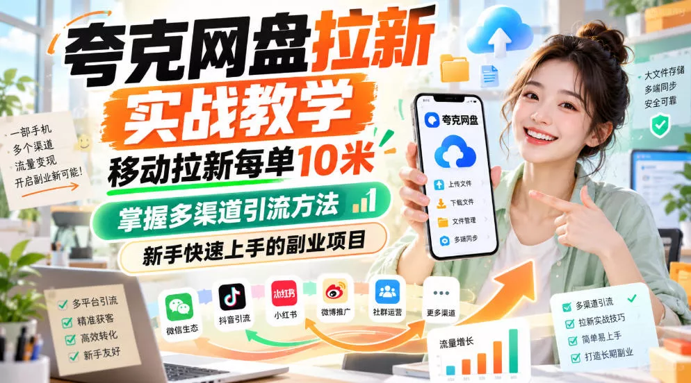 夸克网盘拉新实战教学,移动拉新每单10米,掌握多渠道引流方法,新手快速上手的副业项目-知行阁轻创网-分享网络赚钱项目-全网首发副业项目实操平台-副业创业项目网