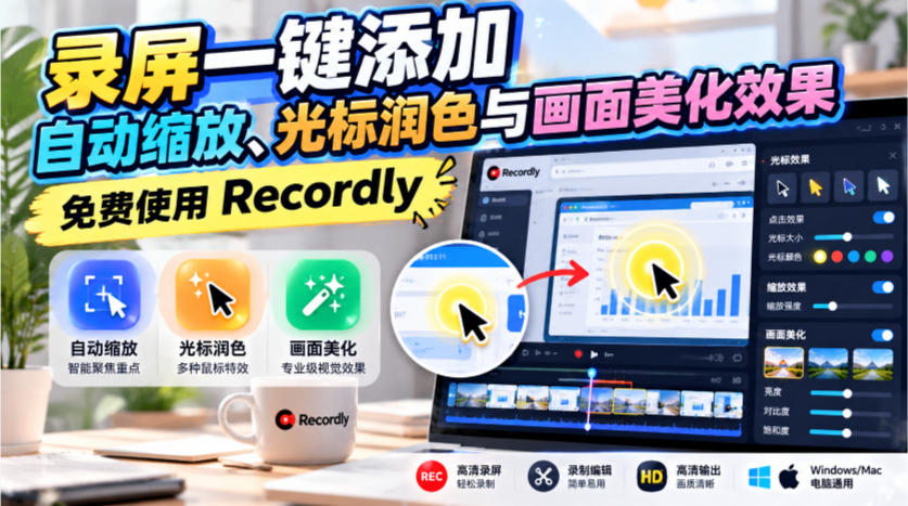 录屏一键添加自动缩放、光标润色与画面美化效果，免费使用Recordly-知行阁轻创网-分享网络赚钱项目-全网首发副业项目实操平台-副业创业项目网