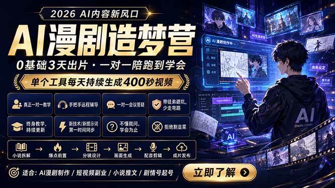 （18568期）AI漫剧造梦营：0基础3天出片，单个工具每天持续生成400秒视频-知行阁轻创网-分享网络赚钱项目-全网首发副业项目实操平台-副业创业项目网