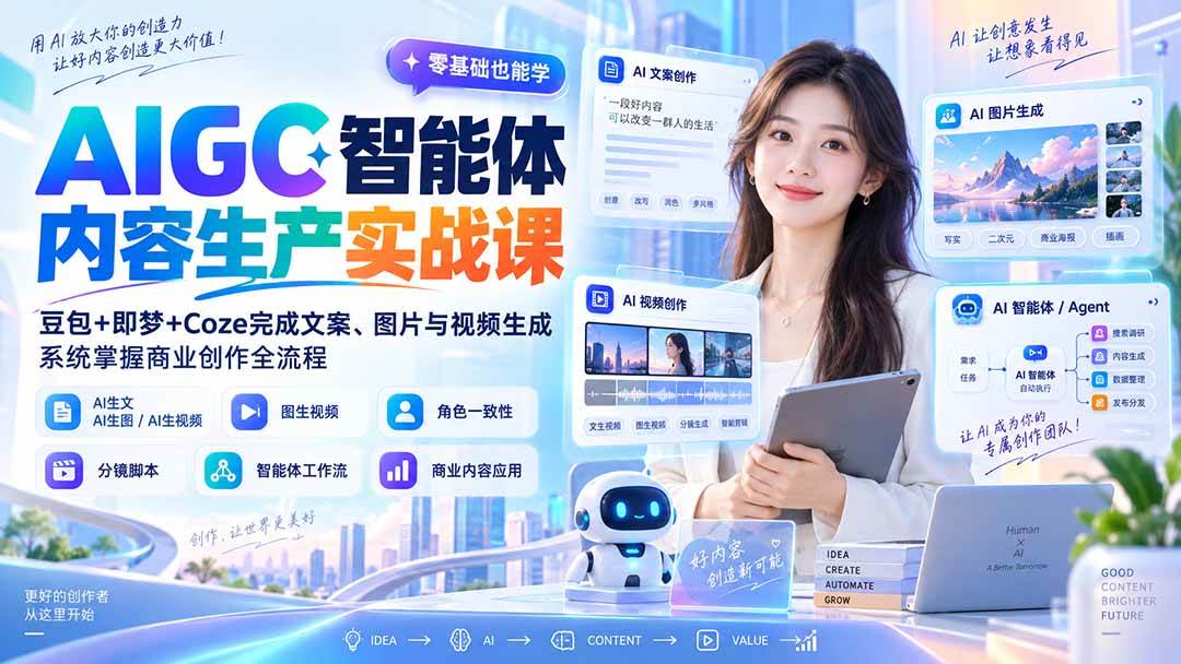 （20372期）AIGC智能体内容生产实战课：豆包+即梦+Coze完成文案、图片与视频生成，系统掌握商业创作全流程-知行阁轻创网-分享网络赚钱项目-全网首发副业项目实操平台-副业创业项目网