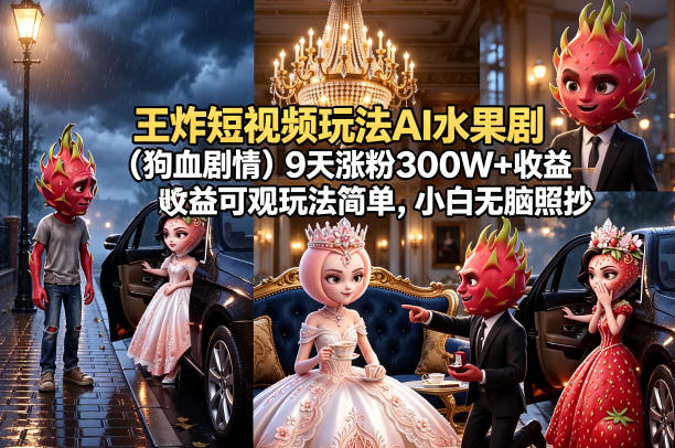 王炸短视频玩法AI水果剧(狗血剧情)9天涨粉300W+收益可观玩法简单，小白无脑照抄，详细拆解玩法-知行阁轻创网-分享网络赚钱项目-全网首发副业项目实操平台-副业创业项目网
