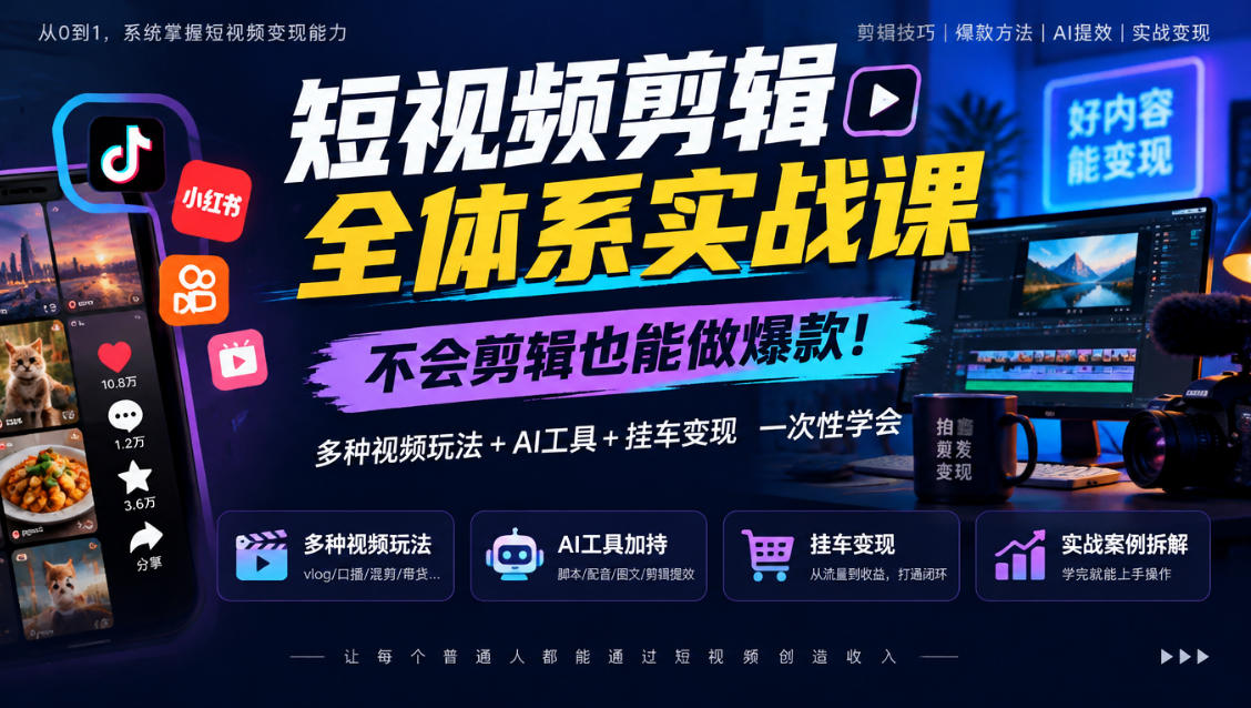 短视频剪辑全体系实战课，不会剪辑也能做爆款，多种视频玩法+AI工具+挂车变现一次性学-知行阁轻创网-分享网络赚钱项目-全网首发副业项目实操平台-副业创业项目网