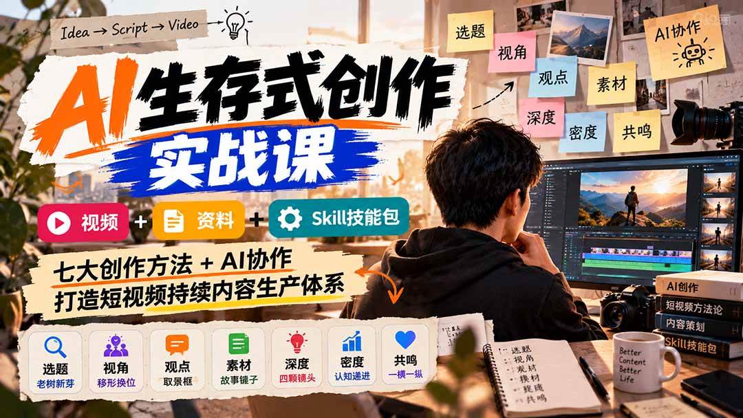 （21081期）AI生存式创作实战课：视频+资料+Skill技能包，七大创作方法+AI协作，打造短视频持续内容生产体系-知行阁轻创网-分享网络赚钱项目-全网首发副业项目实操平台-副业创业项目网