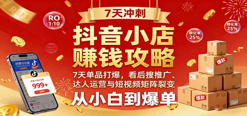 抖音小店赚钱攻略：7天单品打爆技巧，看后搜推广、达人运营与短视频矩阵裂变实战-知行阁轻创网-分享网络赚钱项目-全网首发副业项目实操平台-副业创业项目网