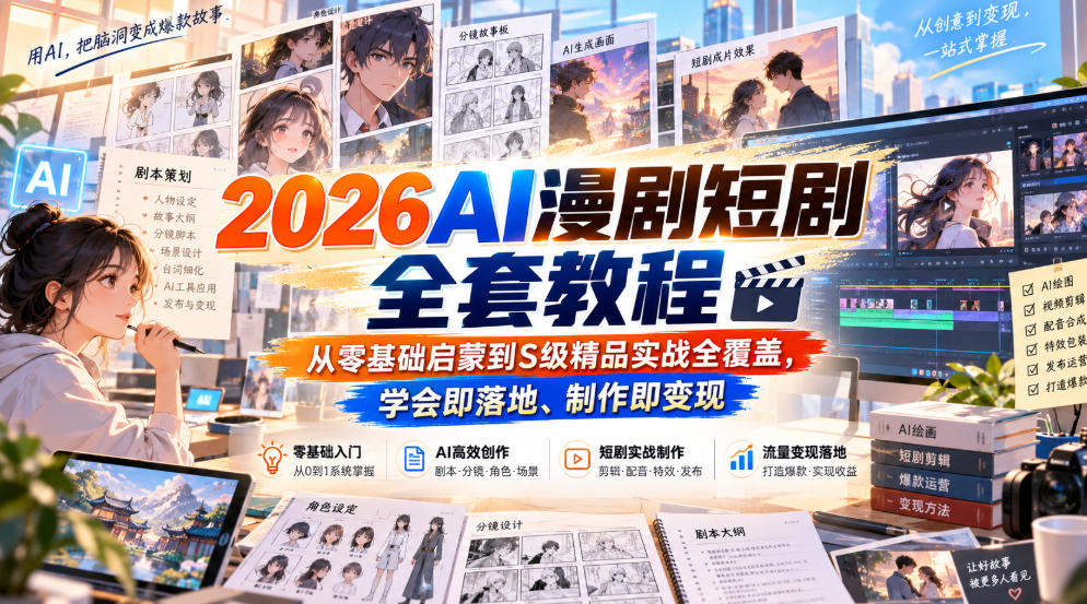 2026AI漫剧短剧全套教程,从零基础启蒙到S级精品实战全覆盖,学会即落地、制作即变现-知行阁轻创网-分享网络赚钱项目-全网首发副业项目实操平台-副业创业项目网