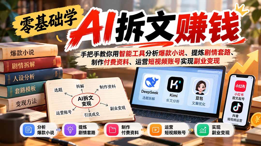 （21030期）零基础学AI拆文赚钱：手把手教你用智能工具分析爆款小说、提炼剧情套路、制作付费资料、运营短视频账号实现副业变现-知行阁轻创网-分享网络赚钱项目-全网首发副业项目实操平台-副业创业项目网