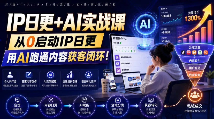 IP日更+AI实战课，从0启动IP日更，IP置顶视频制作+100条选题库搭建+10条日更规划，用AI跑通内容获客闭环!-知行阁轻创网-分享网络赚钱项目-全网首发副业项目实操平台-副业创业项目网