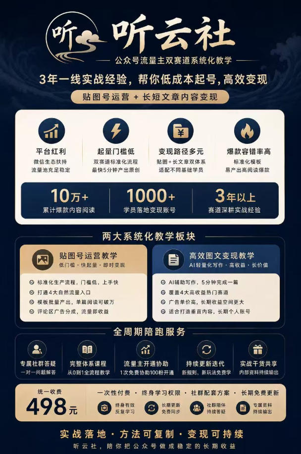 听云社公众号流量主双赛道系统化教学,3年一线实战经验,帮你低成本起号,高效变现,贴图号运营+长短文章内容变现-知行阁轻创网-分享网络赚钱项目-全网首发副业项目实操平台-副业创业项目网