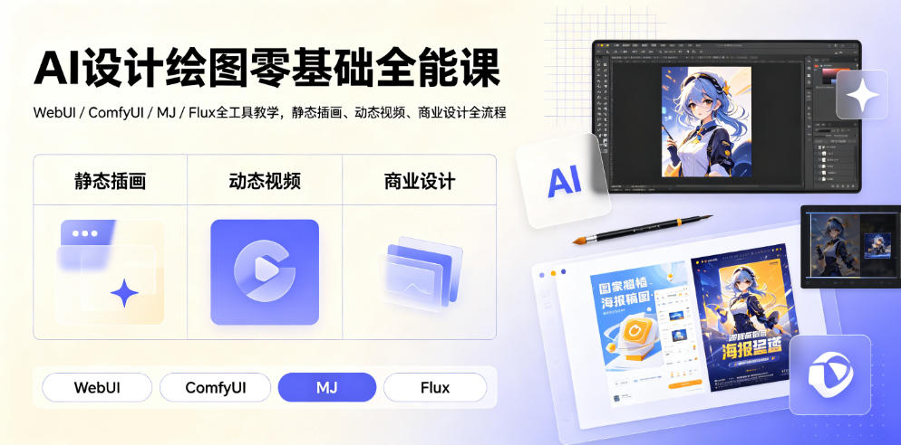 AI设计绘图零基础全能课｜WebUI/ComfyUI/MJ/Flux全工具教学，静态插画、动态视频、商业设计全流程-知行阁轻创网-分享网络赚钱项目-全网首发副业项目实操平台-副业创业项目网