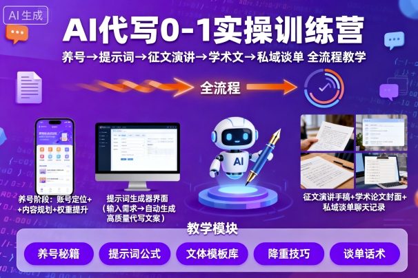 AI代写0-1实操训练营，从养号、提示词、征文演讲、学术文，到私域谈单的全流程教学-知行阁轻创网-分享网络赚钱项目-全网首发副业项目实操平台-副业创业项目网