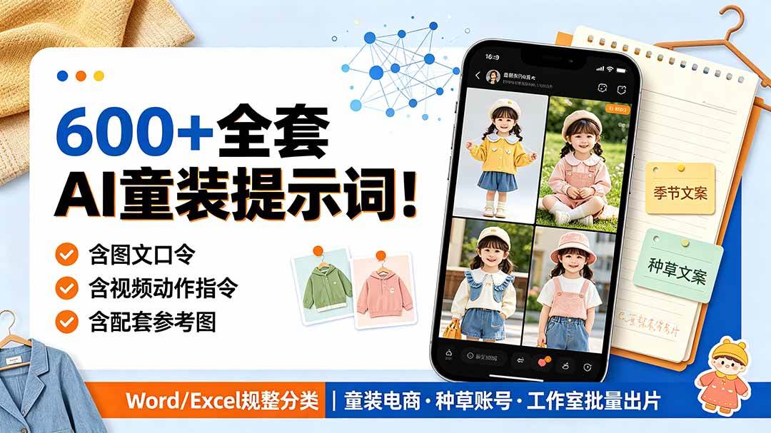 （19302期）600+全套AI童装提示词！含图文口令+视频动作指令+配套参考图，Word/Excel规整分类，童装电商、种草无脑量产内容-知行阁轻创网-分享网络赚钱项目-全网首发副业项目实操平台-副业创业项目网