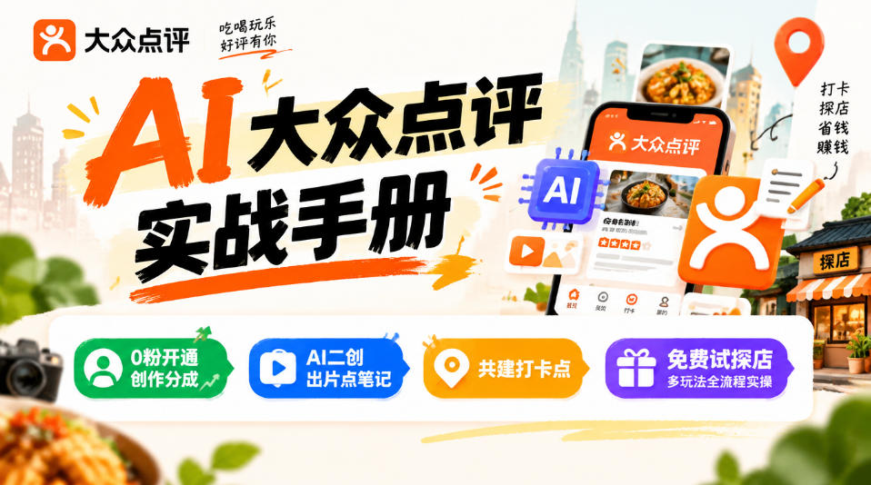 某局的AI大众点评实战手册，0粉开通创作分成、AI二创出片点笔记、共建打卡点、免费试探店多玩法全流程实操-知行阁轻创网-分享网络赚钱项目-全网首发副业项目实操平台-副业创业项目网