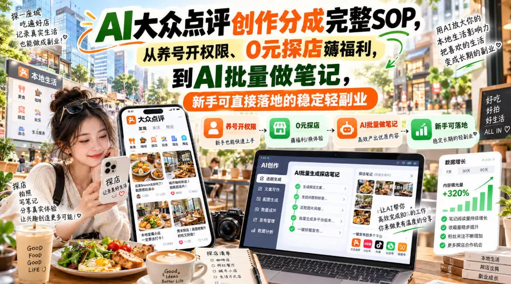 【无水印】AI大众点评创作分成完整SOP,从养号开权限、0元探店薅福利,到AI批量做笔记,新手可直接落地的稳定轻副业-知行阁轻创网-分享网络赚钱项目-全网首发副业项目实操平台-副业创业项目网
