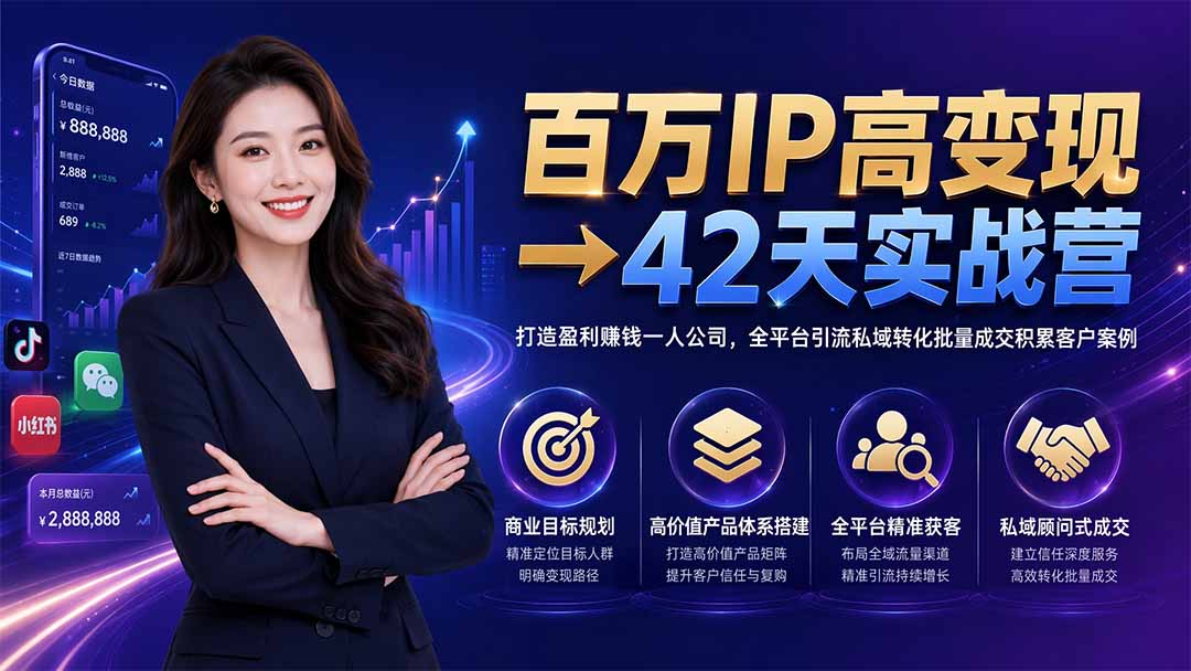 百万IP高变现→42天实战营｜打造盈利赚钱一人公司，全平台引流私域转化批量成交积累客户案例-知行阁轻创网-分享网络赚钱项目-全网首发副业项目实操平台-副业创业项目网