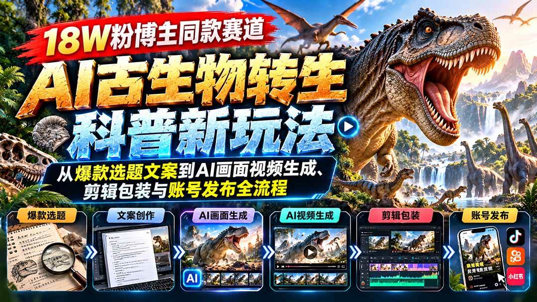 （20833期）18W粉博主同款赛道-AI古生物转生科普新玩法：从爆款选题文案到AI画面视频生成、剪辑包装与账号发布全流程-知行阁轻创网-分享网络赚钱项目-全网首发副业项目实操平台-副业创业项目网