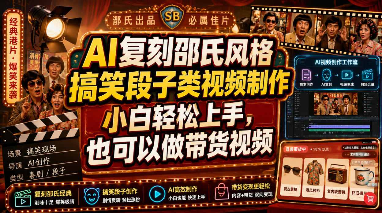 AI复刻邵氏风格搞笑段子类视频制作，小白轻松上手，也可以做带货视频-知行阁轻创网-分享网络赚钱项目-全网首发副业项目实操平台-副业创业项目网