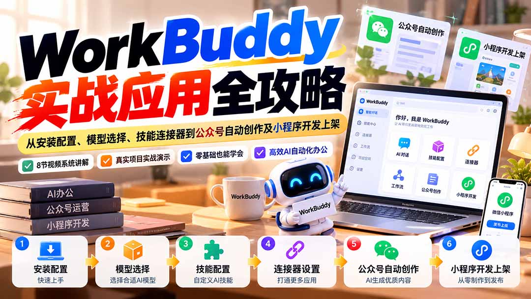 WorkBuddy 实战应用全攻略:从安装配置、模型选择、技能连接器到公众号自动创作及小程序开发上架-知行阁轻创网-分享网络赚钱项目-全网首发副业项目实操平台-副业创业项目网