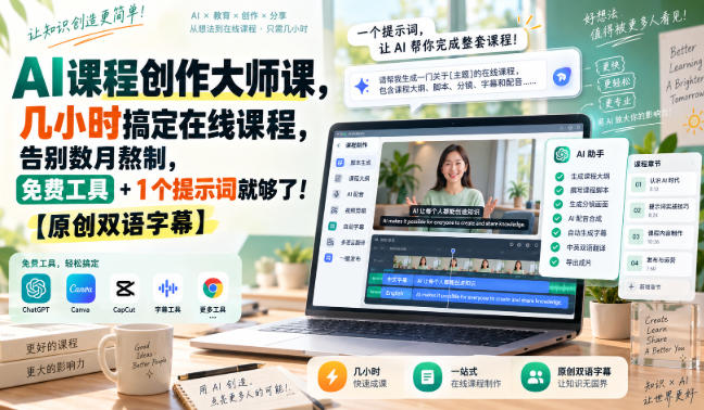 AI课程创作大师课，几小时搞定在线课程，告别数月熬制，免费工具+1个提示词就够了！【原创双语字幕】-知行阁轻创网-分享网络赚钱项目-全网首发副业项目实操平台-副业创业项目网