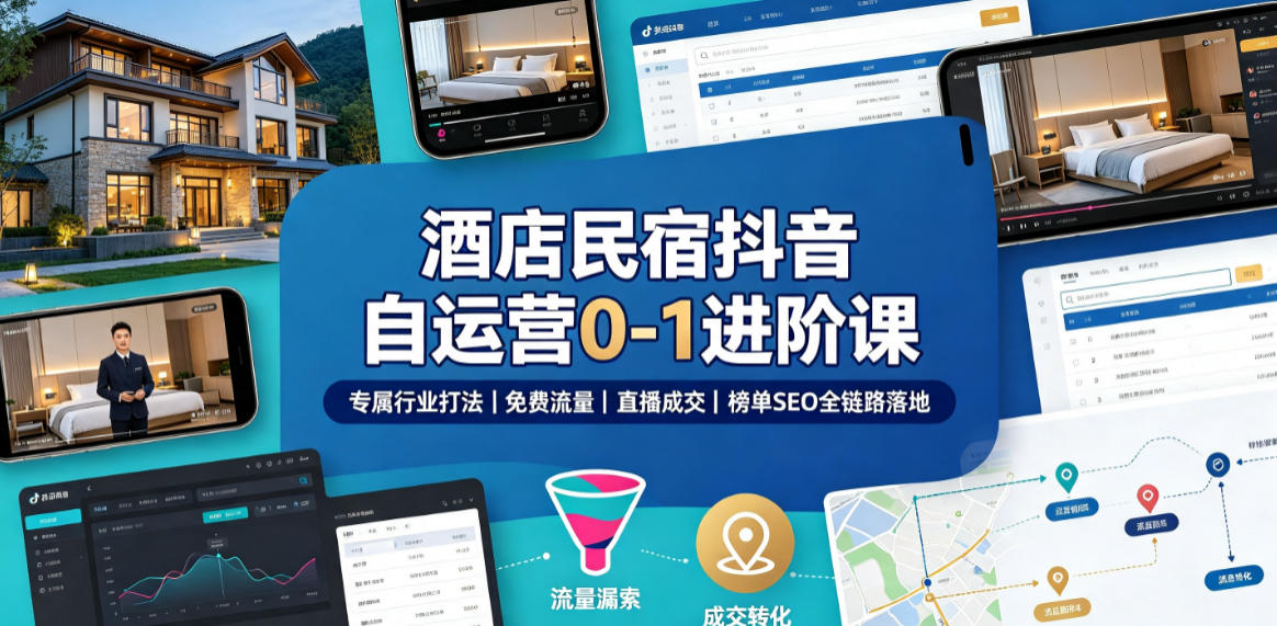 酒店民宿抖音自运营0-1进阶课｜专属行业打法、免费流量+直播成交+榜单SEO全链路落地 - 知行阁轻创网-分享网络赚钱项目-全网首发副业项目实操平台-副业创业项目网-知行阁轻创网-分享网络赚钱项目-全网首发副业项目实操平台-副业创业项目网