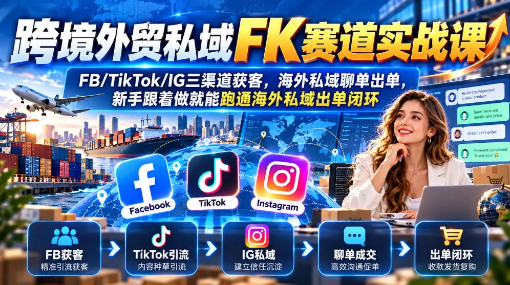 跨境外贸私域FK赛道实战课｜FB/TikTok/IG三渠道获客，海外私域聊单出单，新手跟着做就能跑通海外私域出单闭环-知行阁轻创网-分享网络赚钱项目-全网首发副业项目实操平台-副业创业项目网