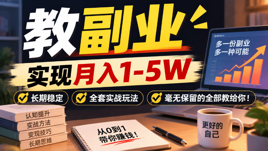 “教副业”实现月入1-5W，长期稳定，全套实战玩法毫无保留的全部教给你！【揭秘】-知行阁轻创网-分享网络赚钱项目-全网首发副业项目实操平台-副业创业项目网