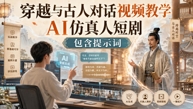 穿越与古人对话视频教学,AI仿真人短剧,包含提示词-知行阁轻创网-分享网络赚钱项目-全网首发副业项目实操平台-副业创业项目网