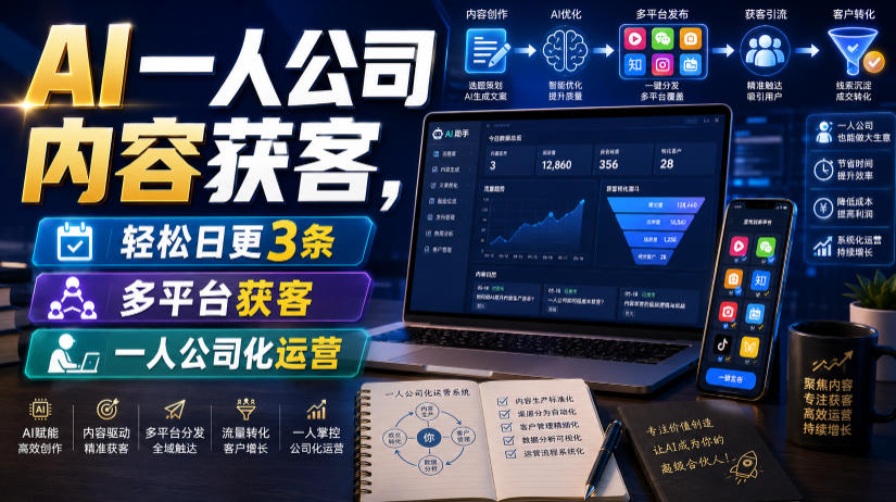AI一人公司内容获客，轻松日更3条，多平台获客，一人公司化运营（更新0827）-知行阁轻创网-分享网络赚钱项目-全网首发副业项目实操平台-副业创业项目网