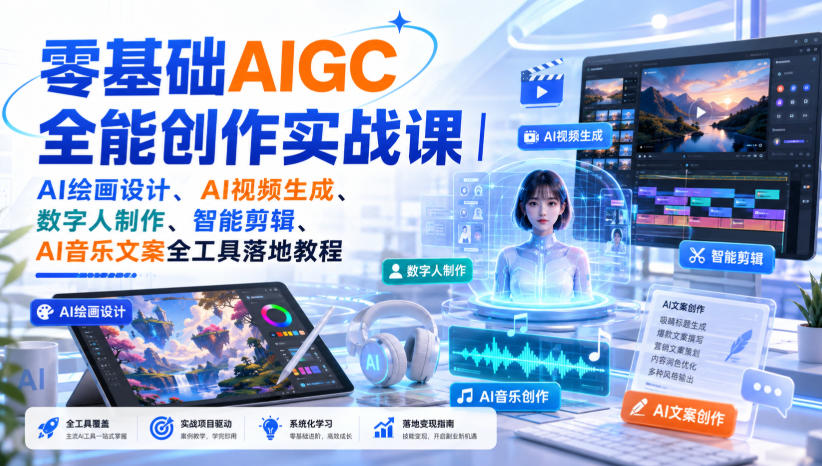 零基础AIGC全能创作实战课｜AI绘画设计、AI视频生成、数字人制作、智能剪辑、AI音乐文案全工具落地教程-知行阁轻创网-分享网络赚钱项目-全网首发副业项目实操平台-副业创业项目网