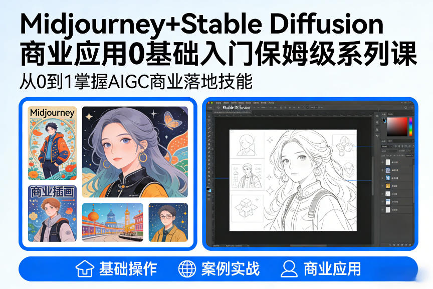 AIGC商业应用Midjourney+Stable Diffusion教程，0基础入门保姆级系列课-知行阁轻创网-分享网络赚钱项目-全网首发副业项目实操平台-副业创业项目网