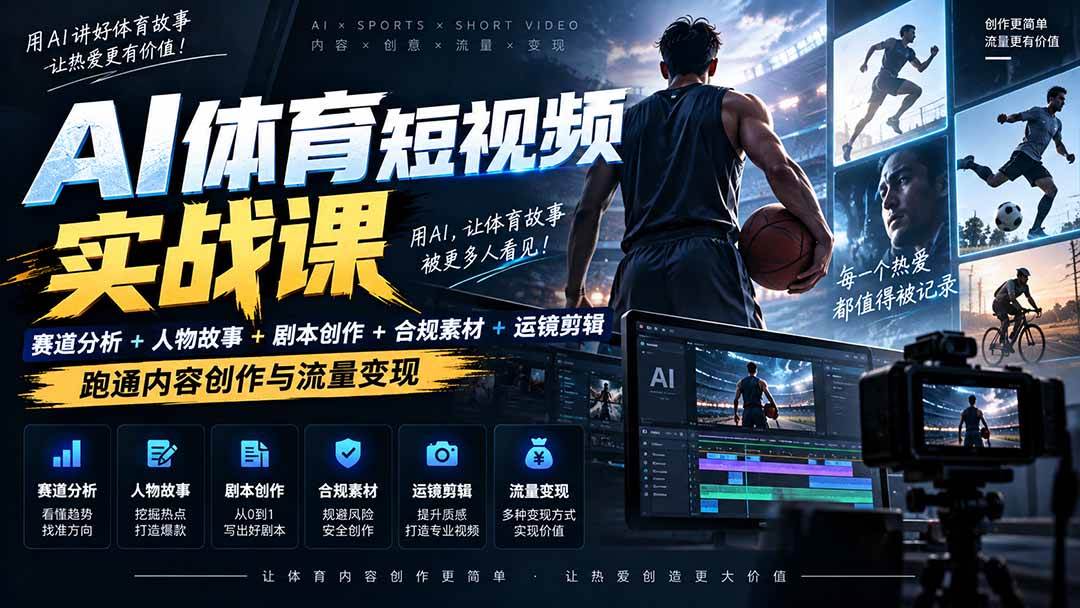 （20515期）AI体育短视频赛道顶级玩法｜赛道分析+人物故事+剧本创作+版权处理+运镜剪辑，跑通流量变现-日赚1K+-知行阁轻创网-分享网络赚钱项目-全网首发副业项目实操平台-副业创业项目网