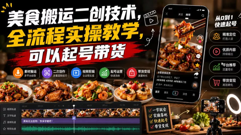 美食搬运二创技术，全流程实操教学，可以起号带货-知行阁轻创网-分享网络赚钱项目-全网首发副业项目实操平台-副业创业项目网