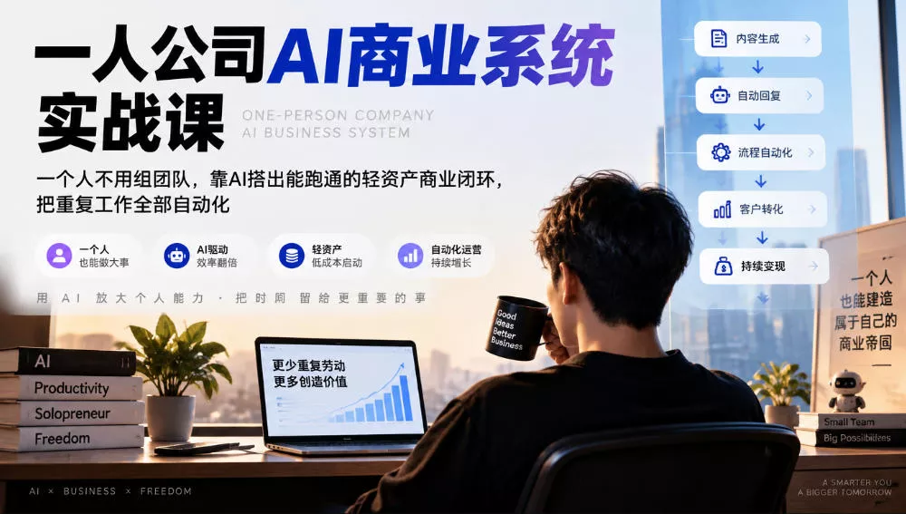 一人公司AI商业系统实战课，一个人不用组团队，靠AI搭出能跑通的轻资产商业闭环，把重复工作全部自动化-知行阁轻创网-分享网络赚钱项目-全网首发副业项目实操平台-副业创业项目网
