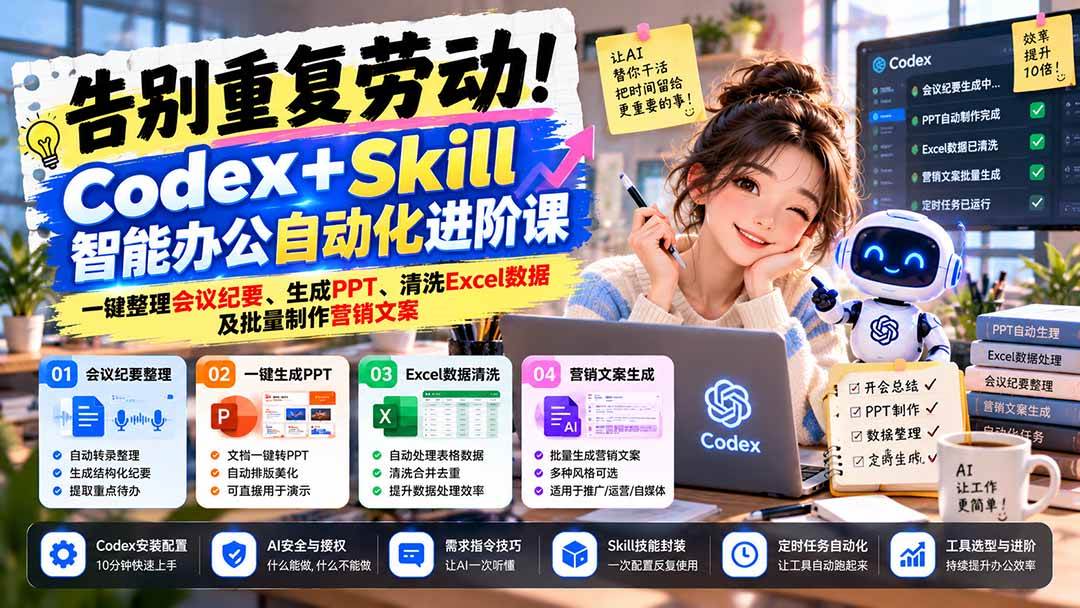 （21001期）告别重复劳动！Codex+Skill智能办公自动化进阶课：一键整理会议纪要、生成PPT、清洗Excel数据及批量制作营销文案-知行阁轻创网-分享网络赚钱项目-全网首发副业项目实操平台-副业创业项目网