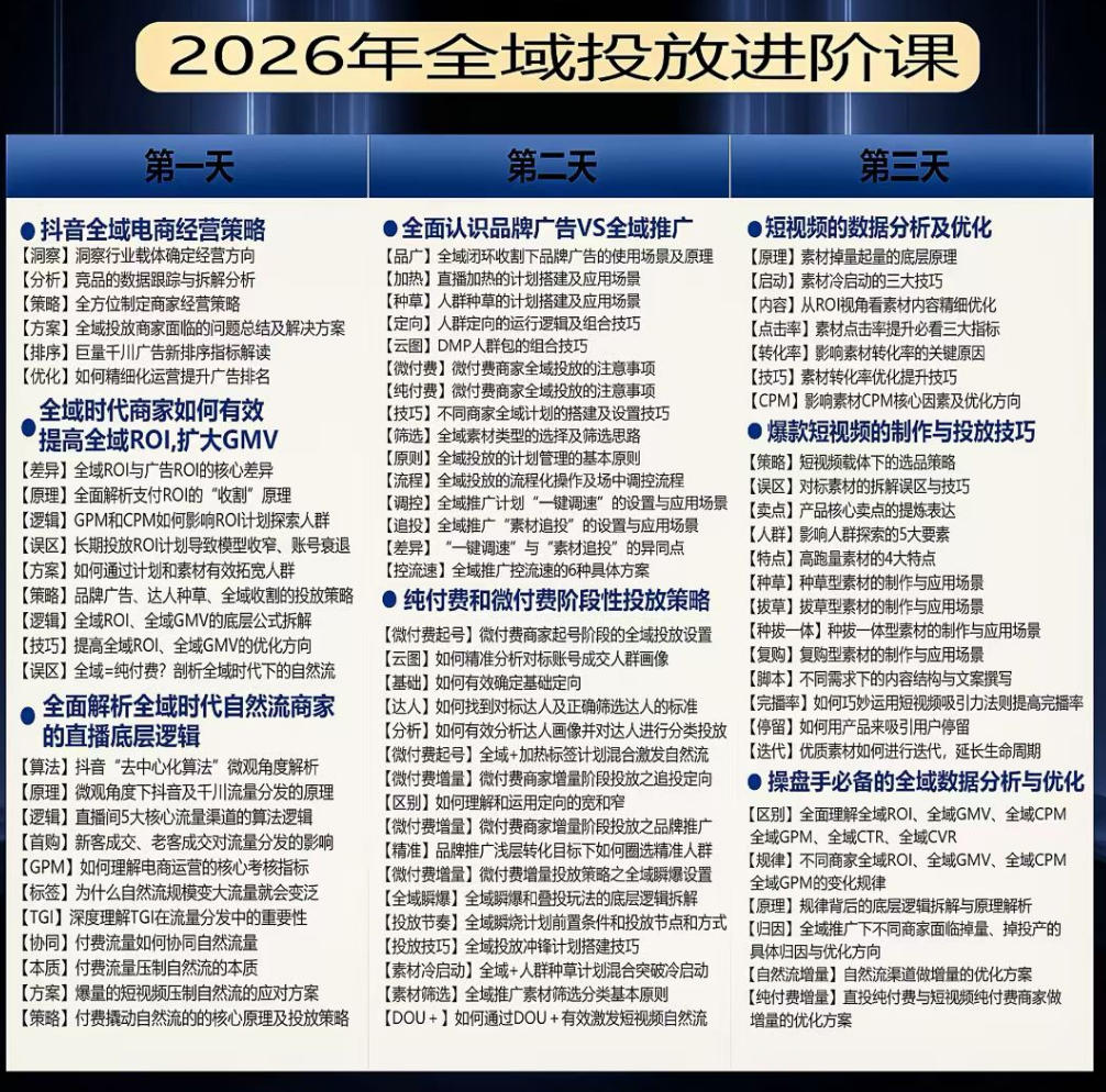 千川扫地僧2026抖音全域投放进阶课,少走弯路·快速起量·掌控增长,6月12-14号杭州线下课-知行阁轻创网-分享网络赚钱项目-全网首发副业项目实操平台-副业创业项目网