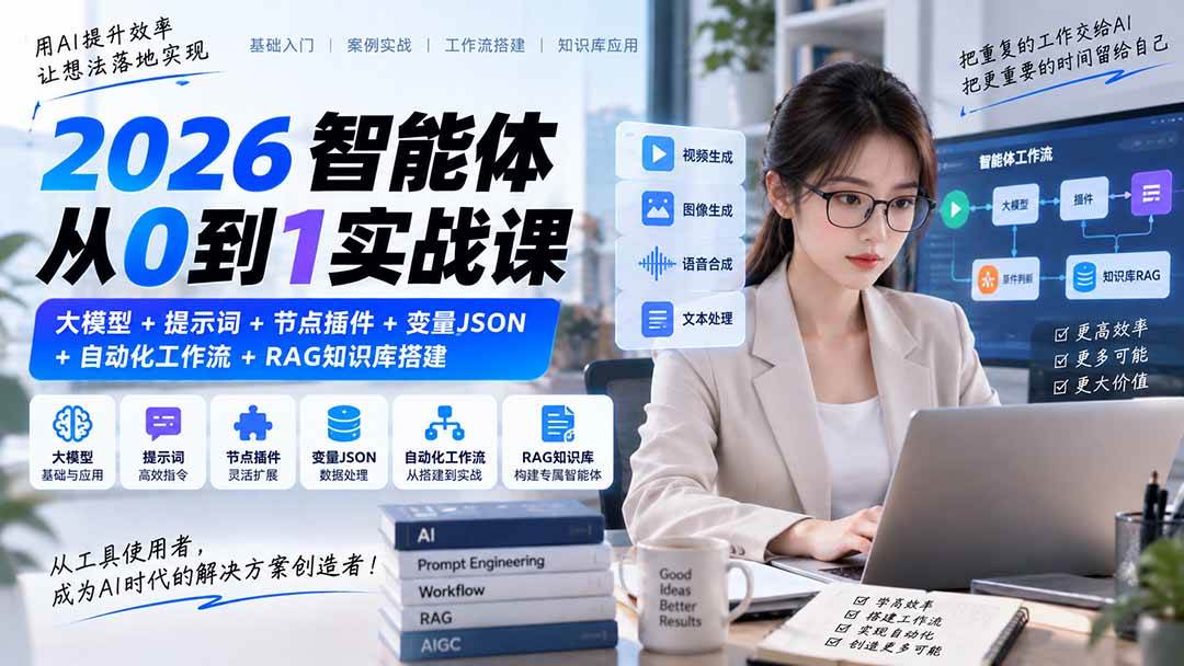（20546期）2026智能体从0到1实战课｜大模型+提示词+节点插件+变量JSON+自动化工作流+RAG知识库搭建-知行阁轻创网-分享网络赚钱项目-全网首发副业项目实操平台-副业创业项目网