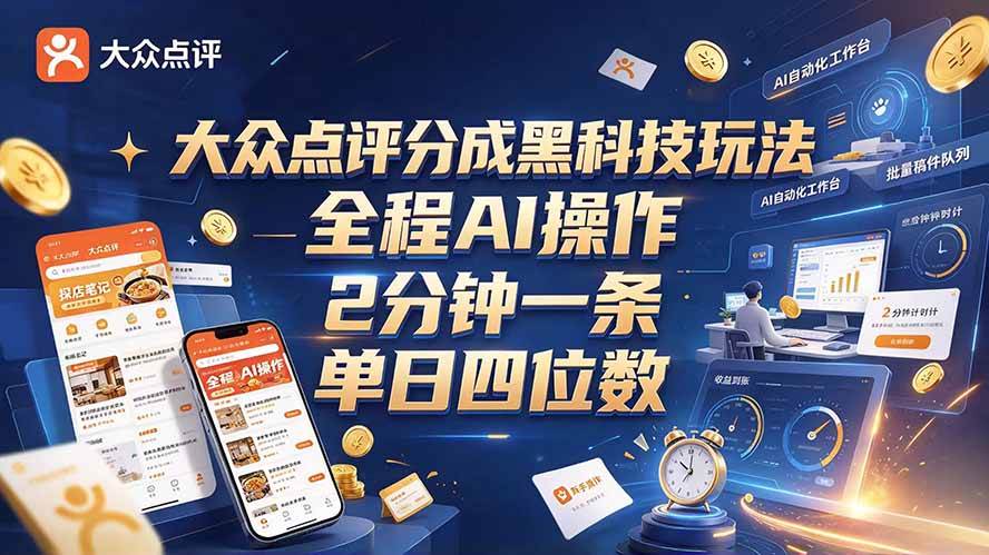 （21013期）大众点评分成全网独家玩法，AI 全自动出内容，2 分钟一条，小白可冲单日四位数-知行阁轻创网-分享网络赚钱项目-全网首发副业项目实操平台-副业创业项目网