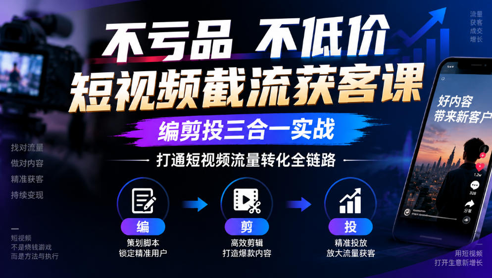 不亏品不低价短视频截流获客课，编剪投三合一实战，打通短视频流量转化全链路-知行阁轻创网-分享网络赚钱项目-全网首发副业项目实操平台-副业创业项目网