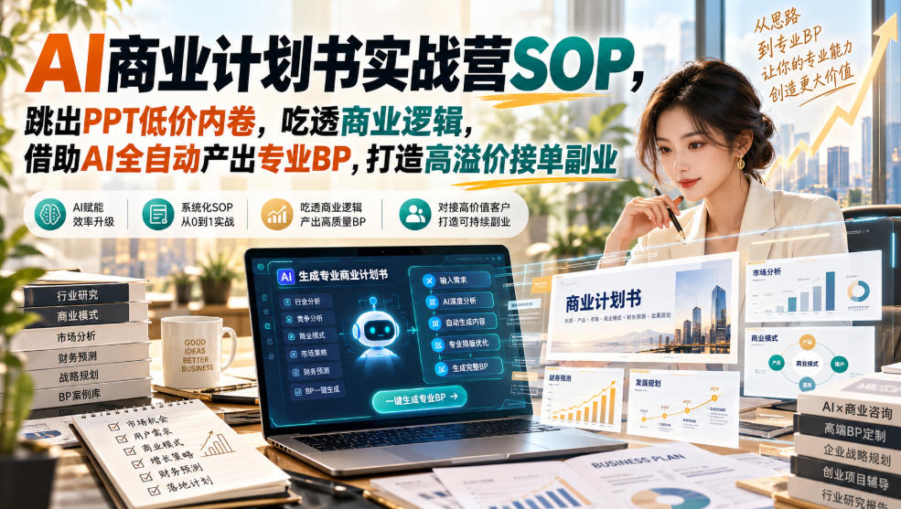 AI商业计划书实战营SOP,跳出PPT低价内卷,吃透商业逻辑,借助AI全自动产出专业BP,打造高溢价接单副业-知行阁轻创网-分享网络赚钱项目-全网首发副业项目实操平台-副业创业项目网