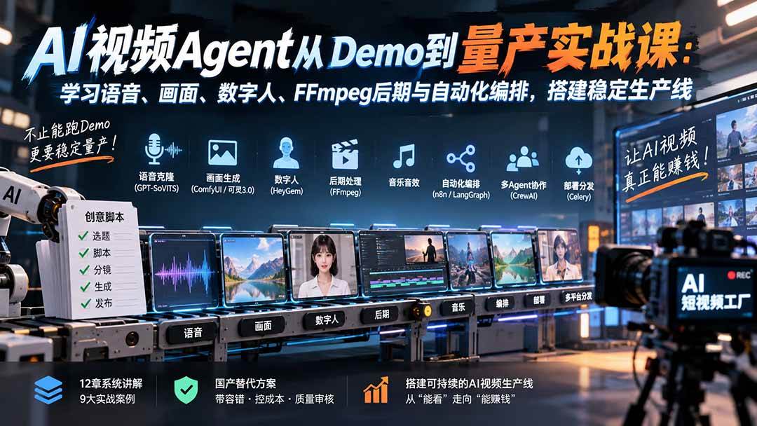（20451期）AI视频Agent从Demo到量产实战课：学习语音、画面、数字人、FFmpeg后期与自动化编排，搭建稳定生产线-知行阁轻创网-分享网络赚钱项目-全网首发副业项目实操平台-副业创业项目网