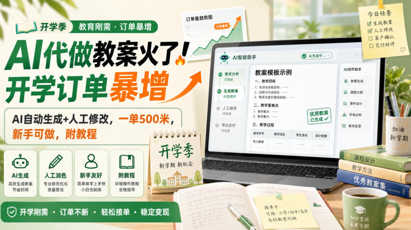 AI代做教案火了！开学订单暴增，AI自动生成+人工修改，一单500米，新手可做，附教程【揭秘】-知行阁轻创网-分享网络赚钱项目-全网首发副业项目实操平台-副业创业项目网
