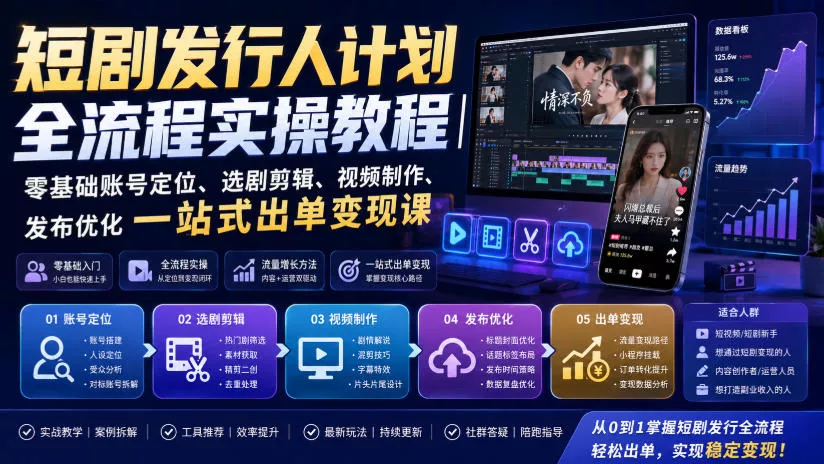 短剧发行人计划全流程实操教程|零基础账号定位、选剧剪辑、视频制作、发布优化一站式出单变现课-知行阁轻创网-分享网络赚钱项目-全网首发副业项目实操平台-副业创业项目网