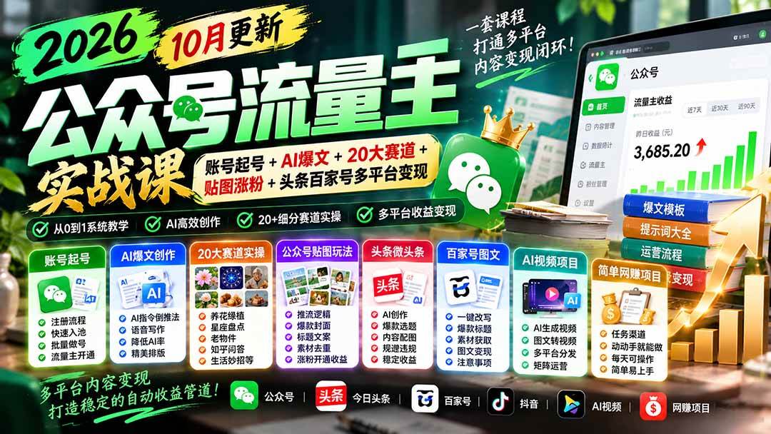 （20878期）2026公众号流量主实战课-10月更新：账号起号+AI爆文+20大赛道+贴图涨粉+头条百家号多平台变现-知行阁轻创网-分享网络赚钱项目-全网首发副业项目实操平台-副业创业项目网