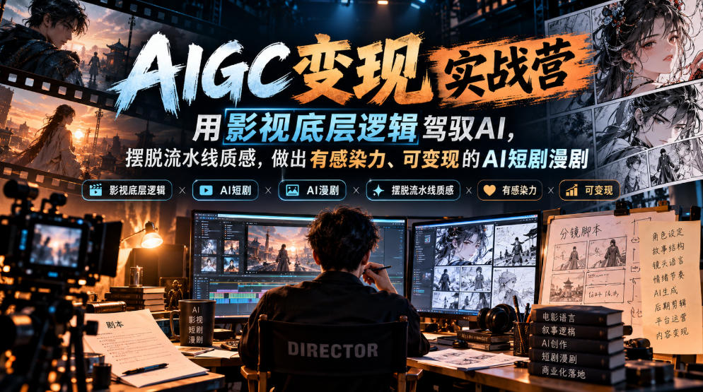 AIGC变现实战营，用影视底层逻辑驾驭AI，摆脱流水线质感，做出有感染力、可变现的AI短剧漫剧-知行阁轻创网-分享网络赚钱项目-全网首发副业项目实操平台-副业创业项目网