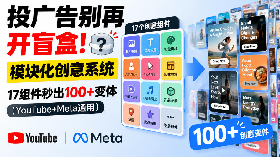 投广告别再开盲盒！模块化创意系统，17组件秒出100+变体（YouTube+Meta通用）【原创双语字幕】-知行阁轻创网-分享网络赚钱项目-全网首发副业项目实操平台-副业创业项目网