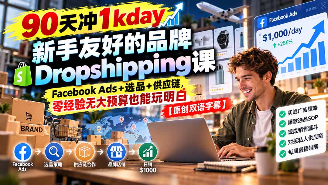90天冲1kday 新手友好的品牌Dropshipping课：Facebook Ads+选品+供应链，零经验无大预算也能玩明白【原创双语字幕】-知行阁轻创网-分享网络赚钱项目-全网首发副业项目实操平台-副业创业项目网