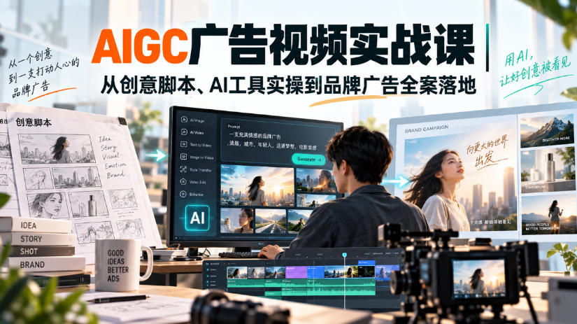 AIGC广告视频实战课｜从创意脚本、AI工具实操到品牌广告全案落地-知行阁轻创网-分享网络赚钱项目-全网首发副业项目实操平台-副业创业项目网