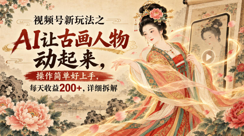 视频号新玩法之AI让古画人物动起来，操作简单好上手，每天收益200+，详细拆解-知行阁轻创网-分享网络赚钱项目-全网首发副业项目实操平台-副业创业项目网