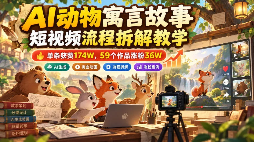 AI动物寓言故事短视频流程拆解教学,单条获赞174W,59个作品涨粉36W AI动物寓言故事短视频流程拆解教学,单条获赞174W,59个作品涨粉36W